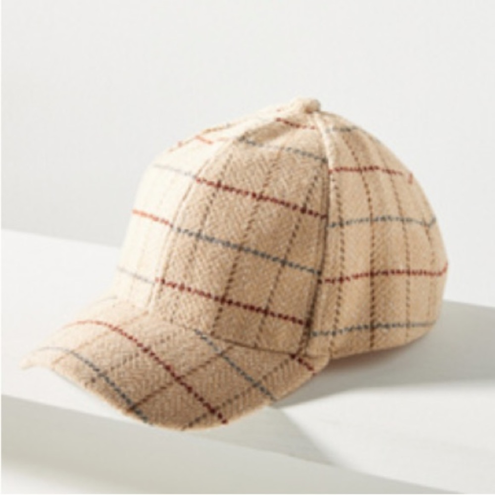 Anthropologie Plaid Cream Baseball Cap